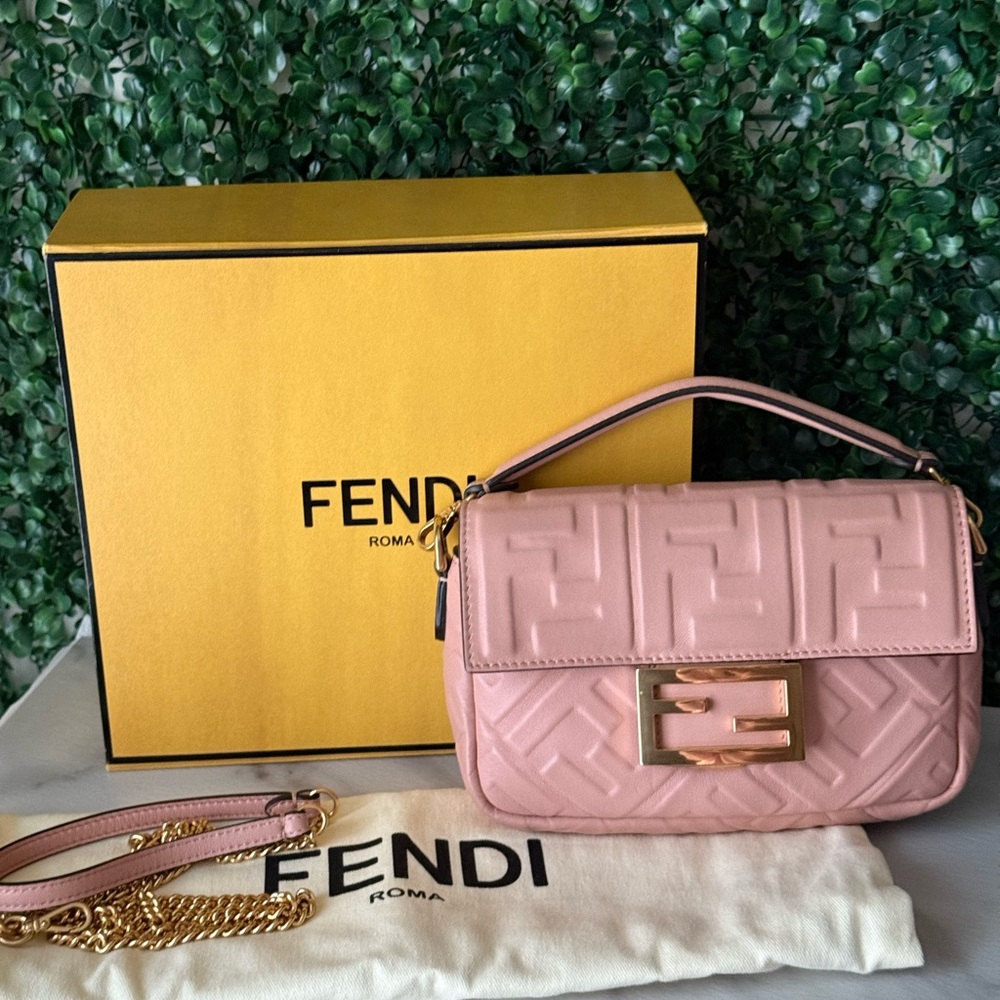 Fendi Pink Nappa Embossed Baguette Crossbody Mini